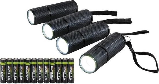 Set de torches noir 100lumen avec piles 4 pièces