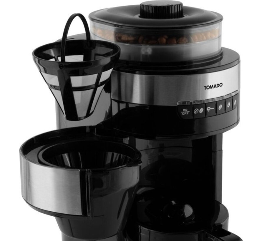 Tomado TGB0801S - Cafetière Grind & Brew - Café filtre - Café en grains - Capacité 0,75 L - Acier inoxydable/Noir