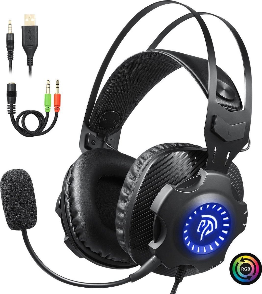EasySMX VIP-003S Casque de jeu stéréo supra-auriculaire avec microphone et éclairage LED RVB, noir