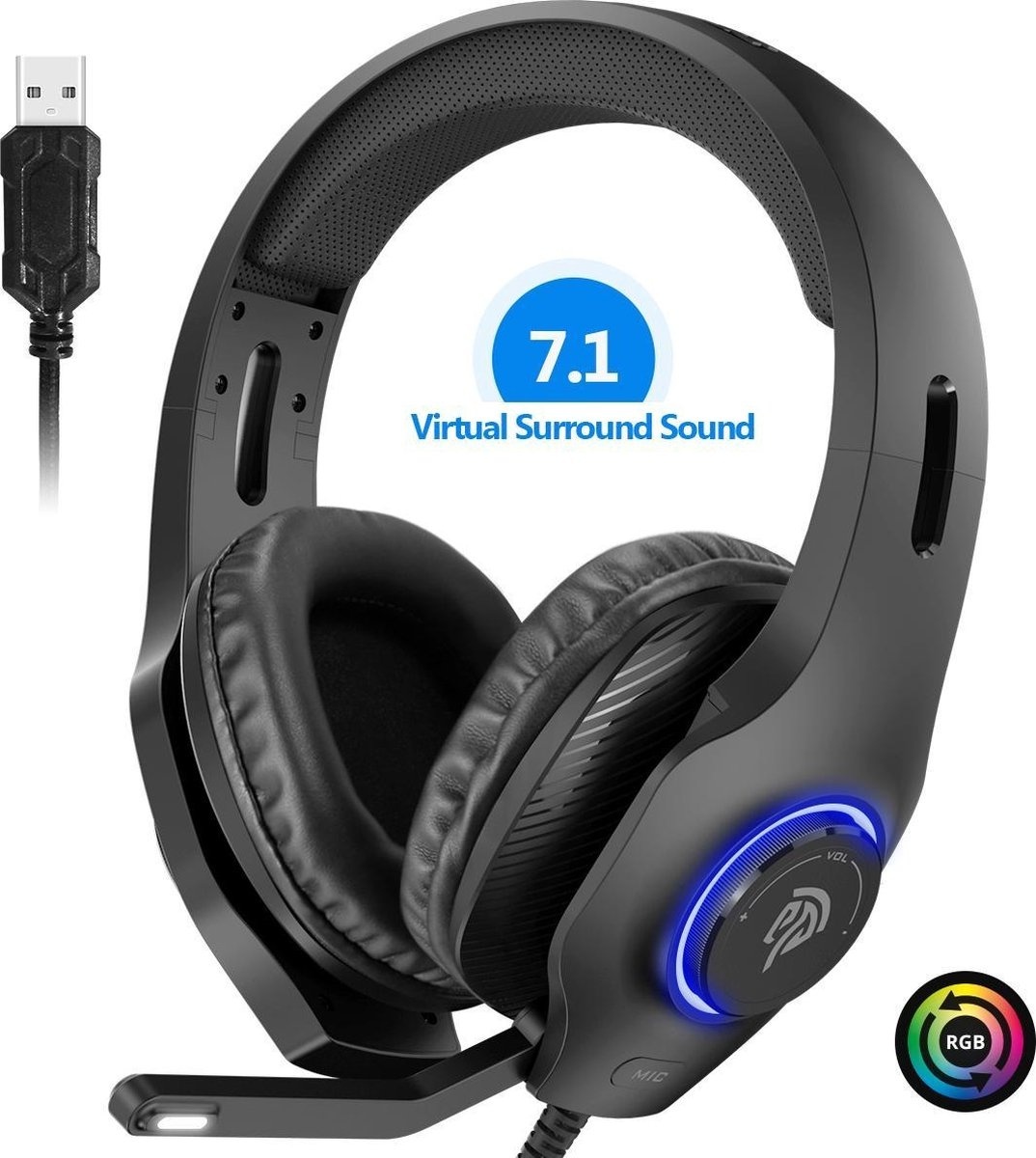 EasySMX VIP-002D Casque de jeu supra-auriculaire avec microphone et éclairage LED RVB, son surround 7.1, noir