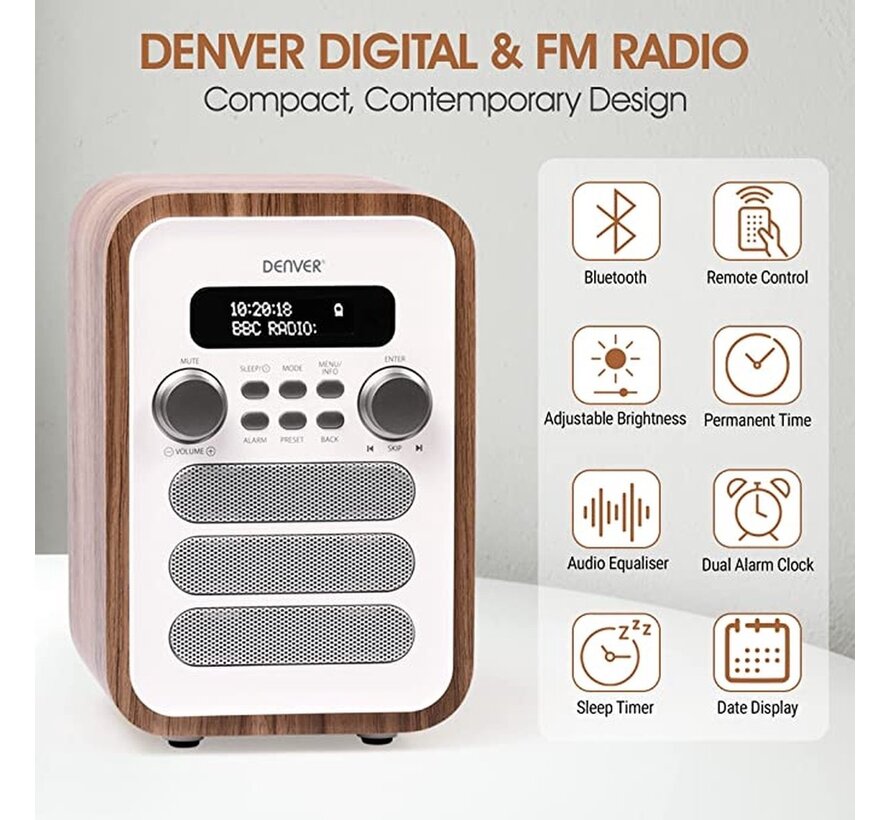 Denver DAB Radio - Radio rétro - DAB+/ FM Radio - Bluetooth - Ecran LCD - DAB48 - Blanc