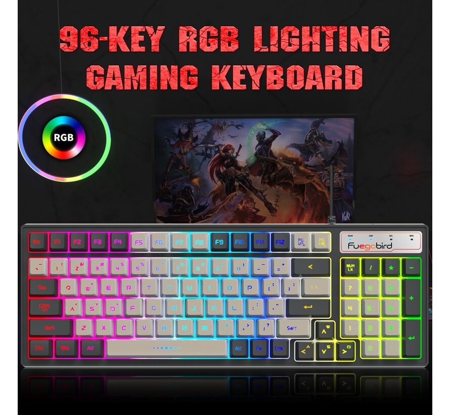 Fuegobird V600 Membrane Gaming Keyboards - Clavier filaire - Eclairage RGB - 96 touches - Gris blanc