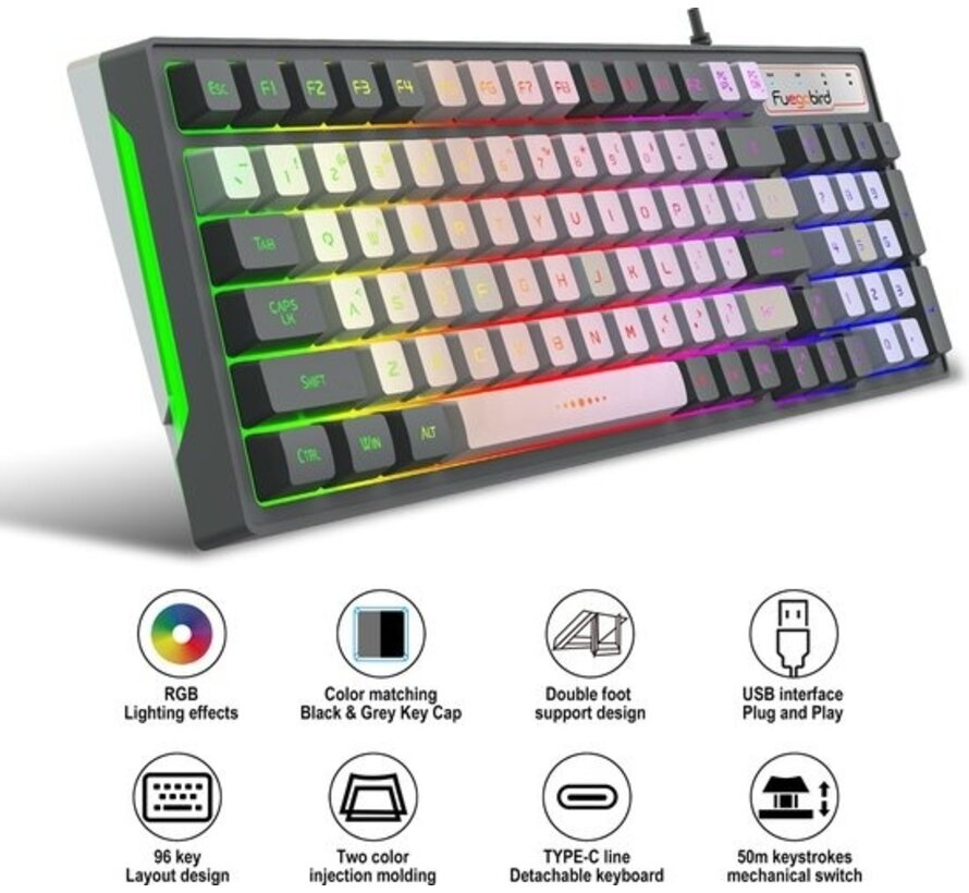 Fuegobird V600 Membrane Gaming Keyboards - Clavier filaire - Eclairage RGB - 96 touches - Gris blanc