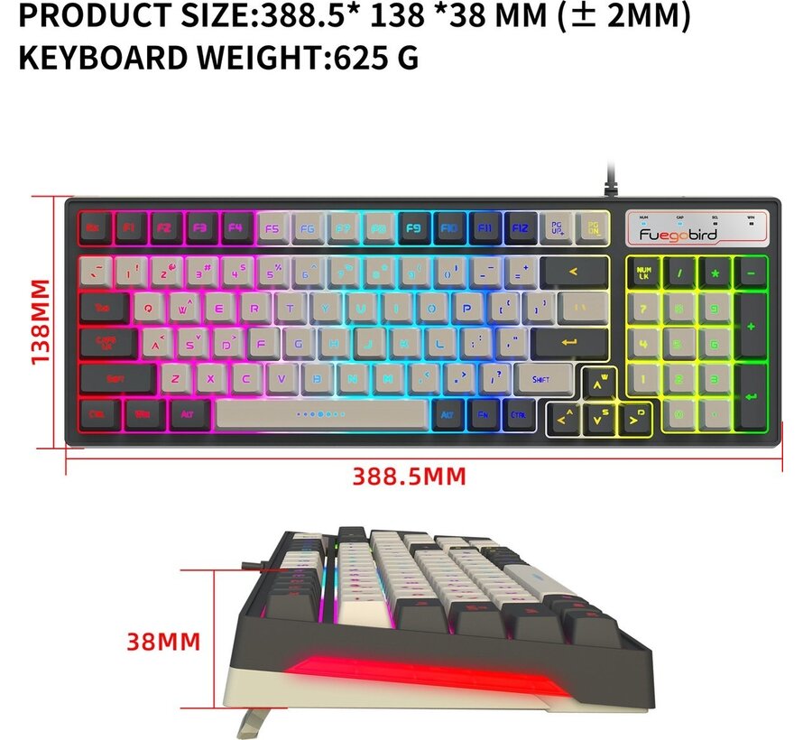 Fuegobird V600 Membrane Gaming Keyboards - Clavier filaire - Eclairage RGB - 96 touches - Gris blanc