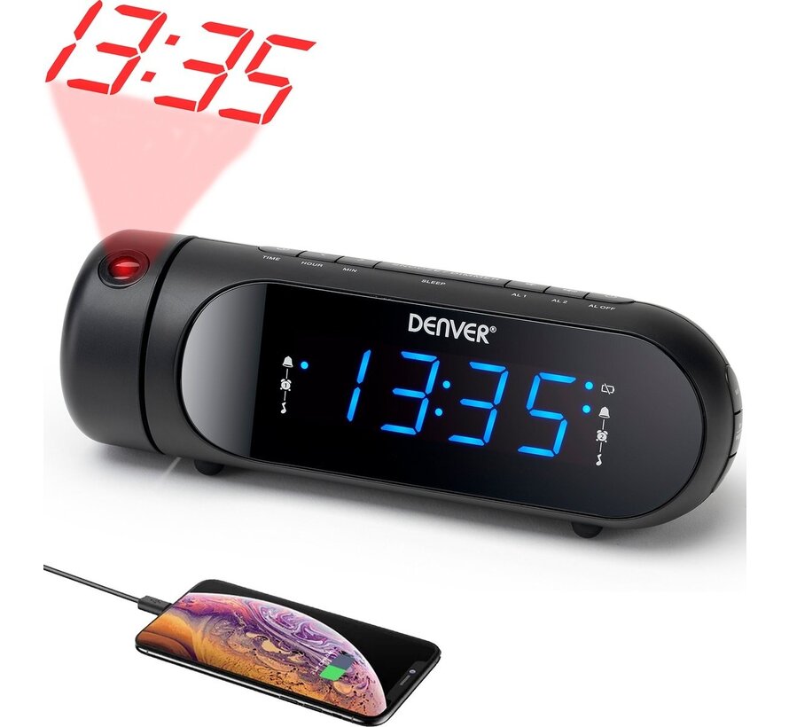 Radio-réveil numérique Denver  avec projection - Chargement USB - Radio FM - Double alarme - Noir
