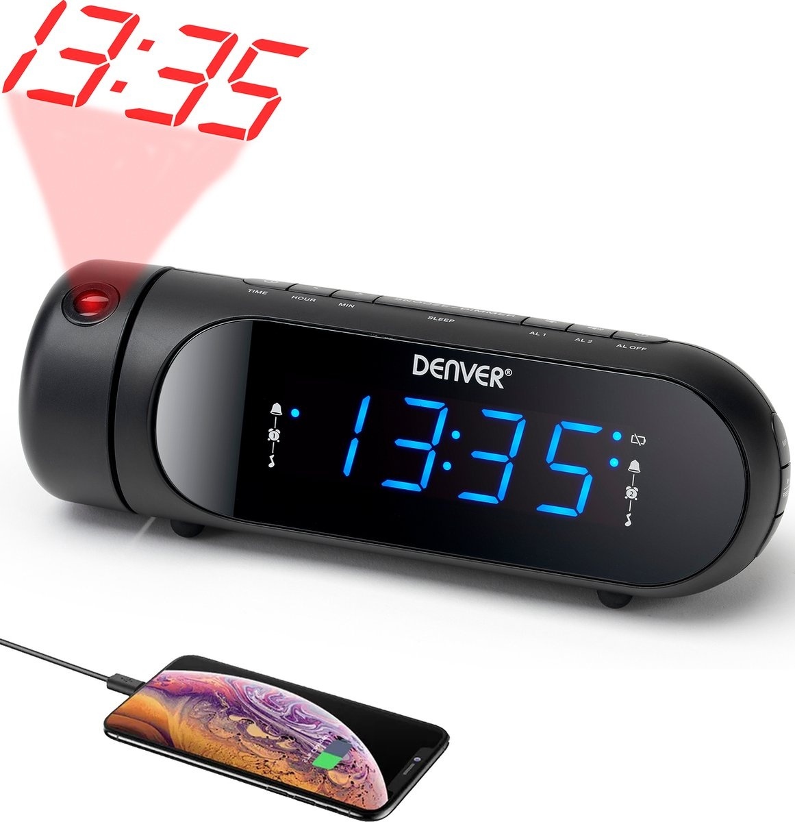 Radio-réveil numérique Denver avec projection - Chargement USB - Radio FM - Double alarme - Noir