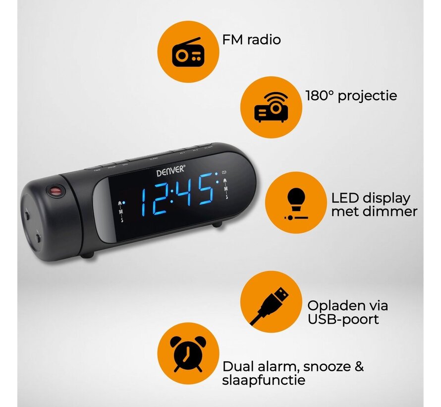 Radio-réveil numérique Denver  avec projection - Chargement USB - Radio FM - Double alarme - Noir