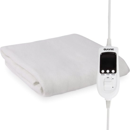 Couverture électrique Auronic - 1 personne - Zone de pieds réglable - 70x150cm - avec élastiques d'angle - Blanc