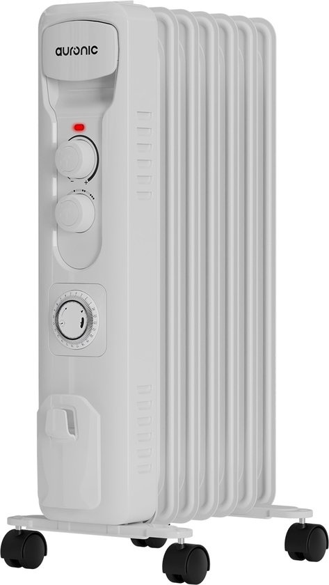 ### Auronic Radiateur à Huile - Chauffage Électrique avec Thermostat et Minuterie - Puissance Réglable jusqu'à 1500W - Blanc