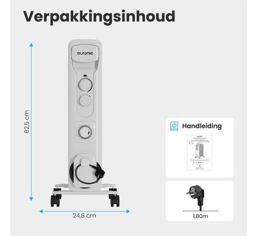 Auronic Radiateur à huile - Chauffage électrique - Thermostat - Minuterie - 3 niveaux - jusqu'à 1500W - Blanc