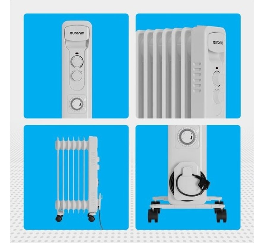 Auronic Radiateur à huile - Chauffage électrique - Thermostat - Minuterie - 3 niveaux - jusqu'à 1500W - Blanc