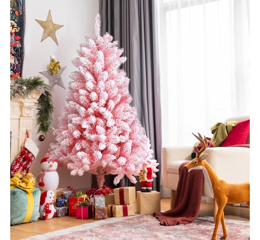 Coast Arbre de Noël artificiel enneigé de 180 cm avec 920 branches et pieds en métal rose