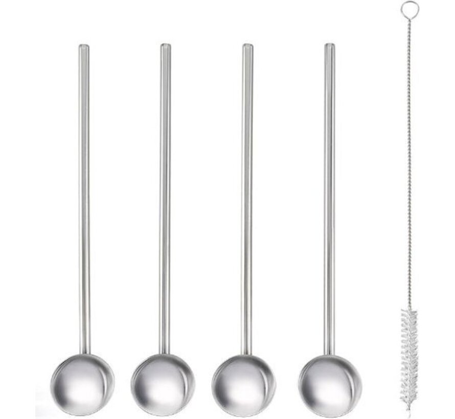 Pailles et cuillères à cocktail Metaltex 2 en 1 Inox, courbées, en acier inoxydable, avec brosse de nettoyage, 5 pièces