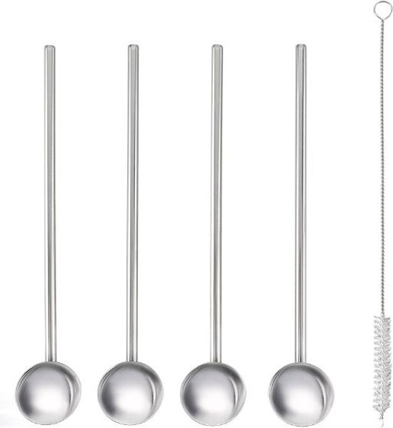 Pailles et cuillères à cocktail Metaltex 2 en 1 Inox, courbées, en acier inoxydable, avec brosse de nettoyage, 5 pièces