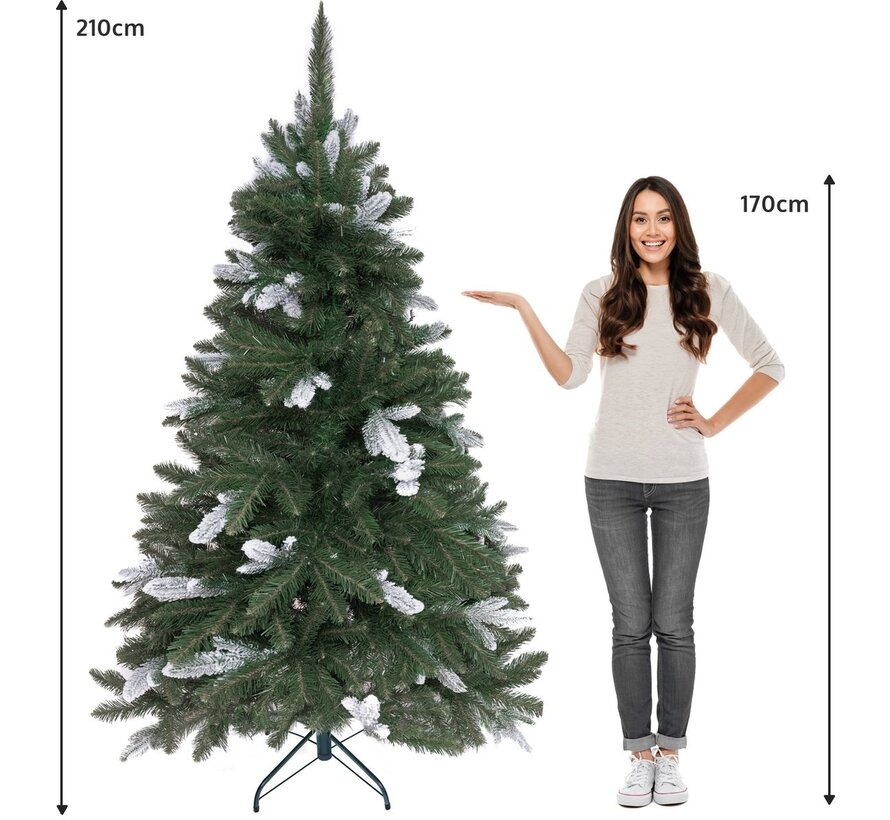 PristinePine Full Artificial Christmas tree with snow 210cm - Arbre de Noël robuste - Base en métal - Montage rapide