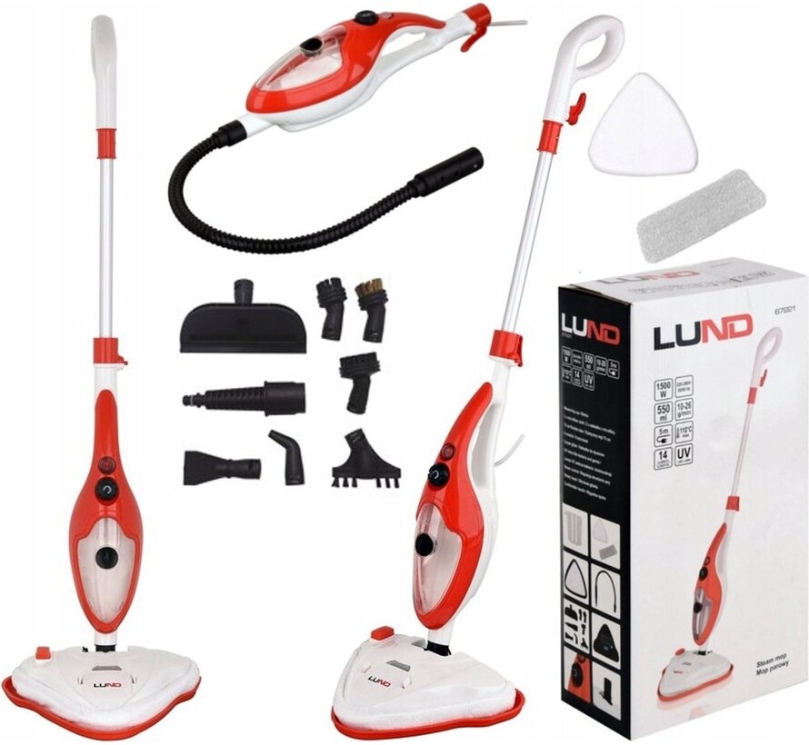 Balai à vapeur - Lund  - Nettoyeur vapeur avec lampe UV - 1500W avec 8 embouts -  Ensemble de 16 pièces - 2 en 1 - Rouge