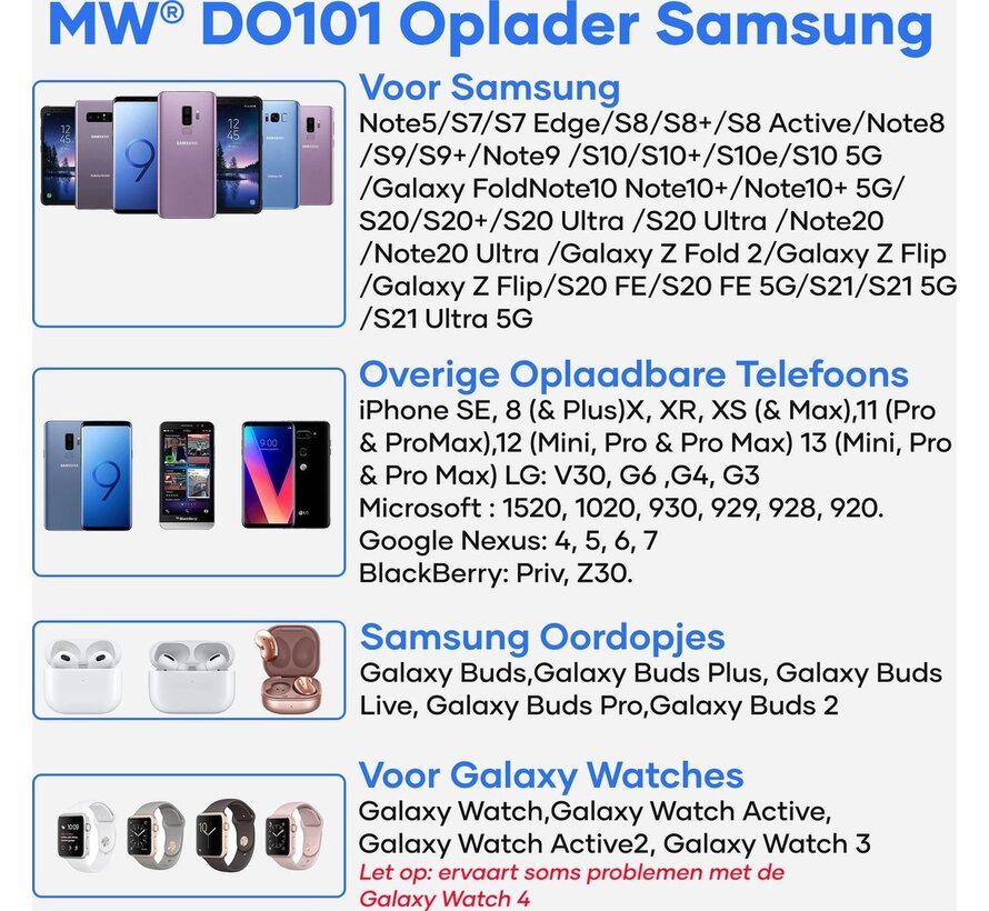 Chargeur sans fil Samsung - MW - 3-en-1 - téléphones Android, Galaxy Watch et Buds - Chargeur Qi - MW® DO101
