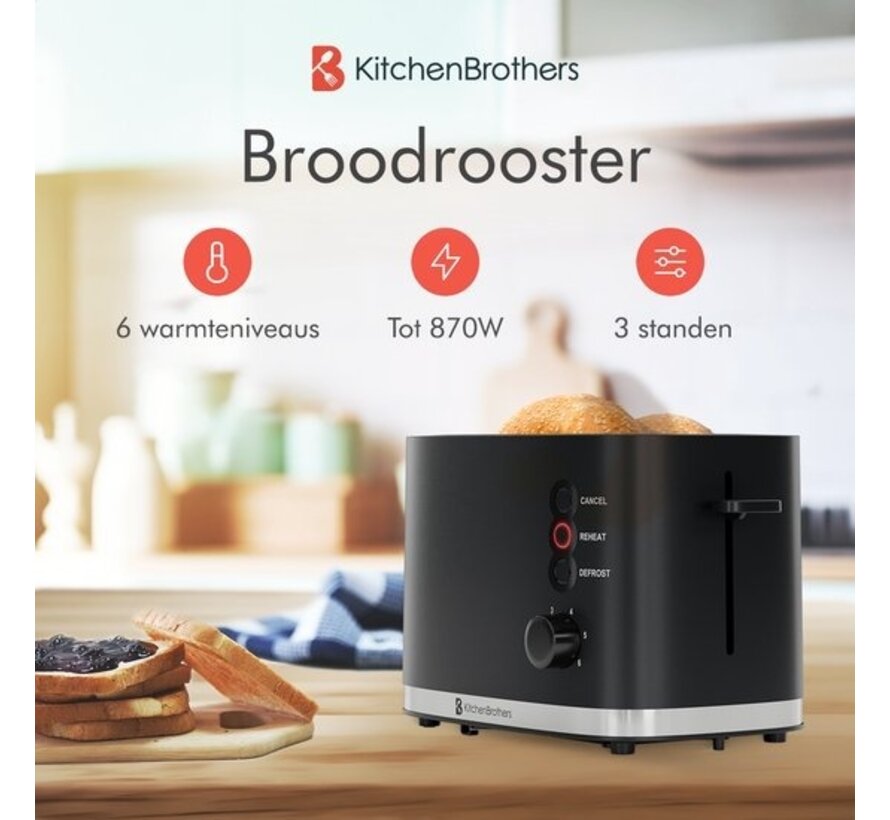 KitchenBrothers Toaster - Grille-pain - 6 niveaux de chaleur - 2 fentes extra-larges - 870W - Noir