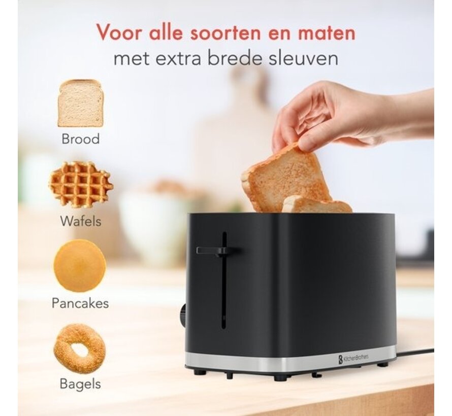 KitchenBrothers Toaster - Grille-pain - 6 niveaux de chaleur - 2 fentes extra-larges - 870W - Noir