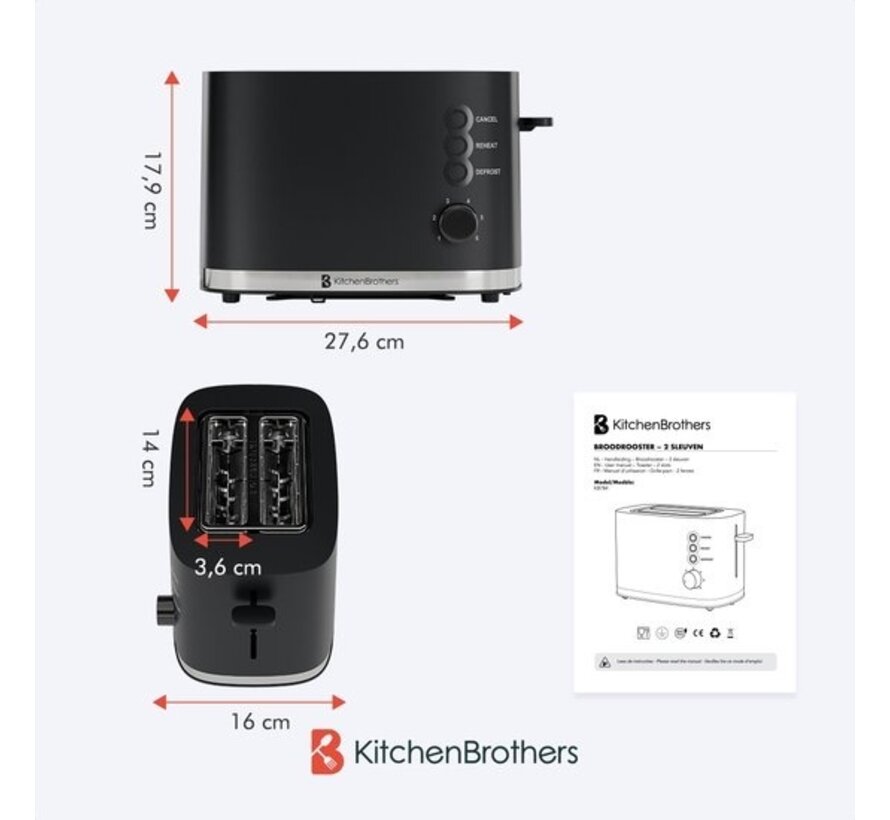 KitchenBrothers Toaster - Grille-pain - 6 niveaux de chaleur - 2 fentes extra-larges - 870W - Noir