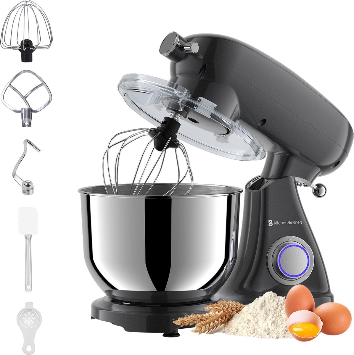 KitchenBrothers Robot de cuisine - Robot de cuisine - 6L Bol mélangeur - 1800W - Aluminium - Anthracite