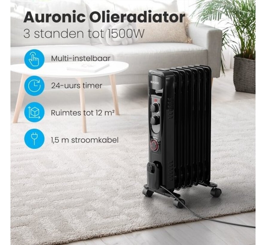 Auronic Radiateur à huile - Chauffage électrique - Thermostat - Minuterie - 3 niveaux - jusqu'à 1500W - Noir