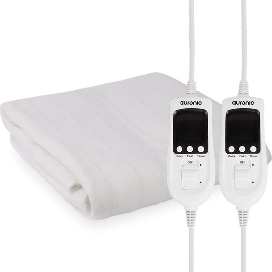 Couverture électrique - Auronic - 2 personnes - Zone de pieds réglable - 160x150cm - avec élastiques d'angle - Blanc