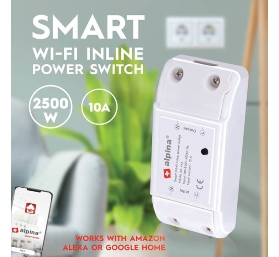 alpina Smart Home - Interrupteur intelligent - 230V/10A - Montage dans le câble - Programmation - alpina Smart Home App - Google Home - Amazon Alexa