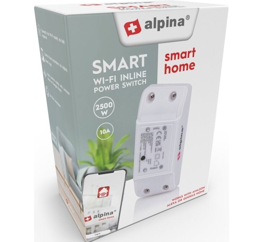 alpina Smart Home - Interrupteur intelligent - 230V/10A - Montage dans le câble - Programmation - alpina Smart Home App - Google Home - Amazon Alexa