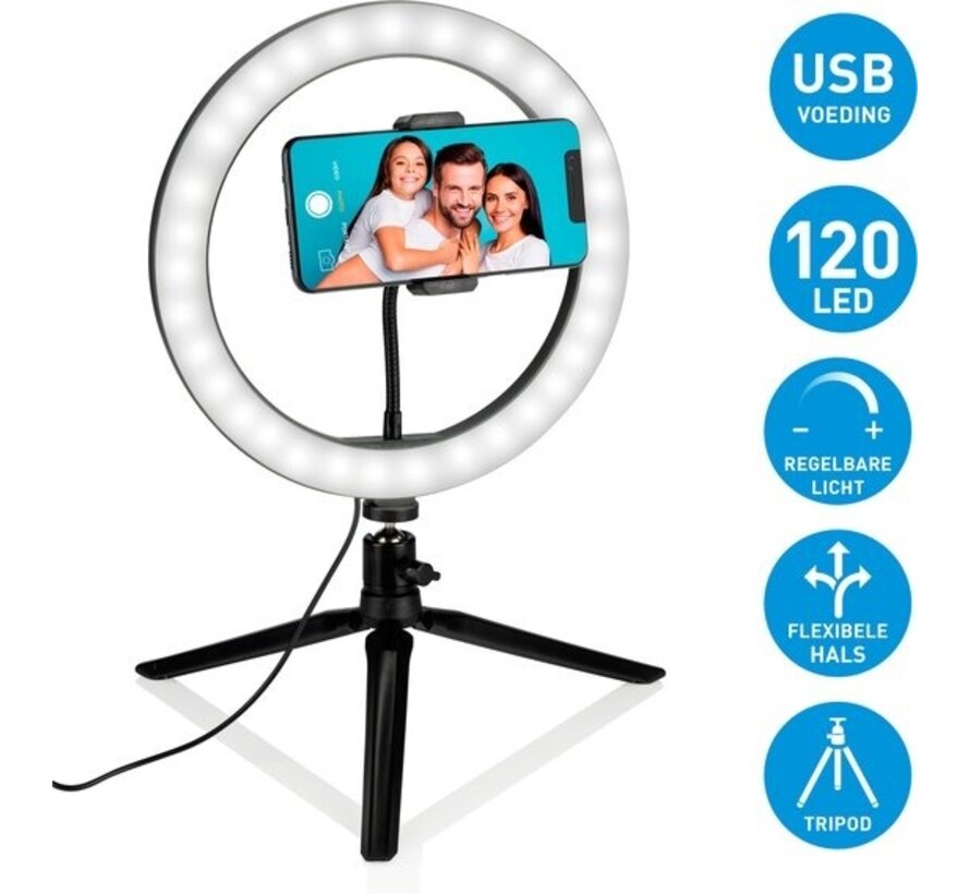 Grundig Selfie Ring Lamp on Tripod - Ring Light - pour Smartphone - Social Media et Vlogs - LED - Flexible - 25 cm