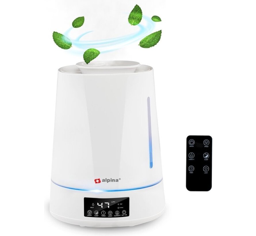 alpina Humidifier 4L - Humidificateur - Diffuseur d'arômes avec minuterie - Télécommande - Blanc