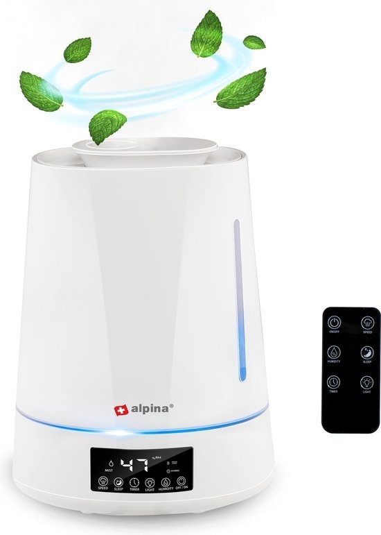 Humidifier - alpina - 4L - Humidificateur - Diffuseur d'arômes avec minuterie - Télécommande - Blanc