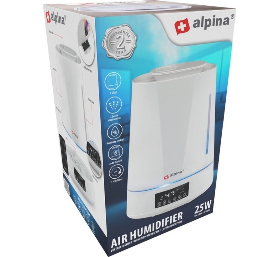 alpina Humidifier 4L - Humidificateur - Diffuseur d'arômes avec minuterie - Télécommande - Blanc