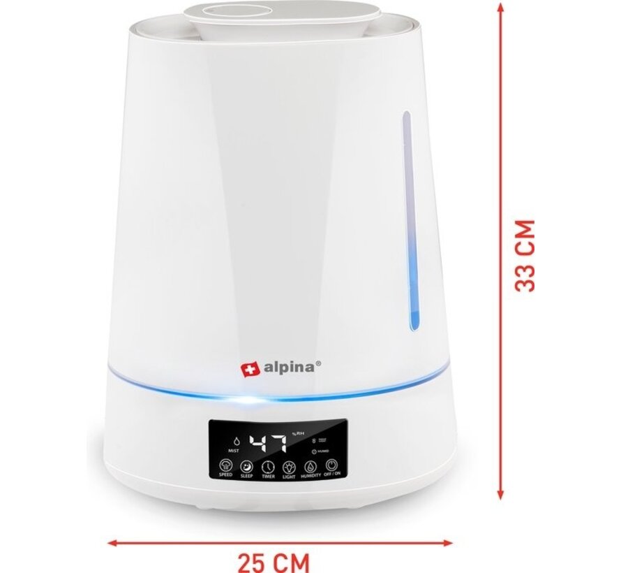 alpina Humidifier 4L - Humidificateur - Diffuseur d'arômes avec minuterie - Télécommande - Blanc