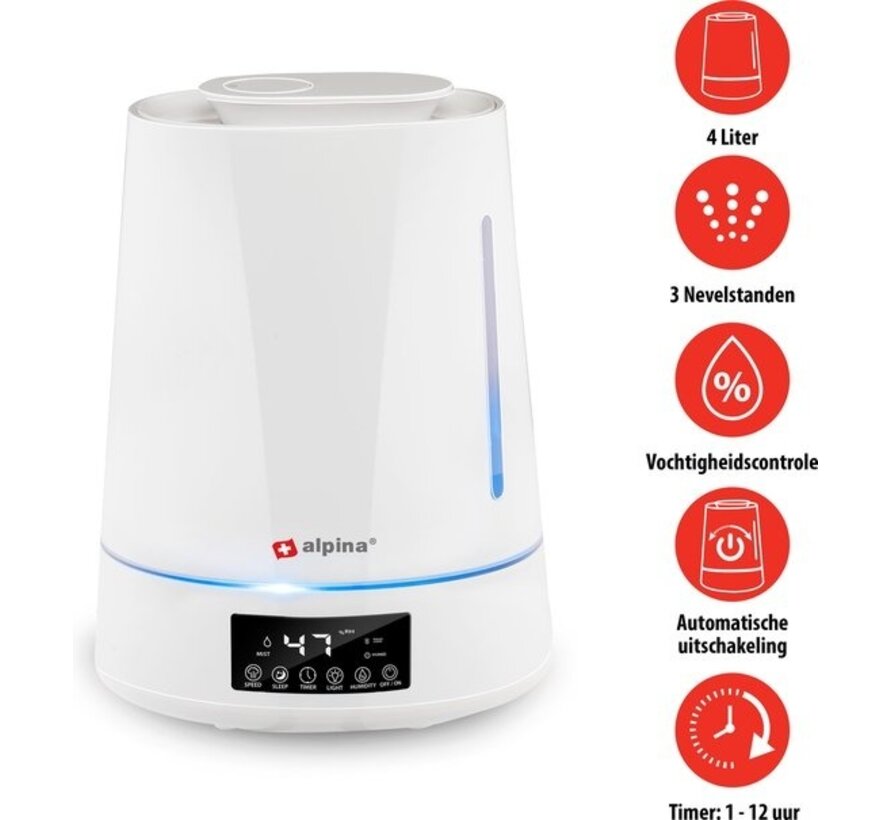 alpina Humidifier 4L - Humidificateur - Diffuseur d'arômes avec minuterie - Télécommande - Blanc