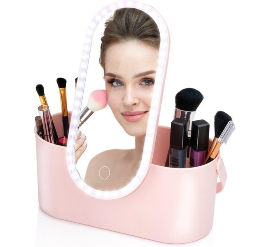 Touch Of Beauty Make Up Organiser avec miroir LED - Travel Beautycase - 24.1 x 10.4 x 11.7CM - Lumière LED ajustable - Câble de chargement USB inclus - Plastique - Rose