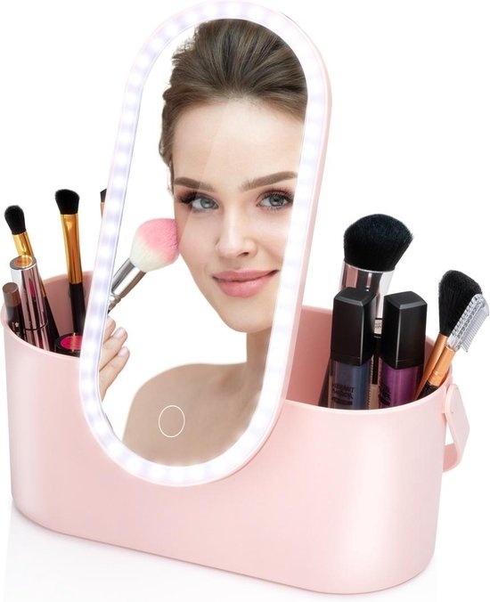 Touch Of Beauty Make Up Organiser avec miroir LED - Travel Beautycase - 24.1 x 10.4 x 11.7CM - Lumière LED ajustable - Câble de chargement USB inclus - Plastique - Rose