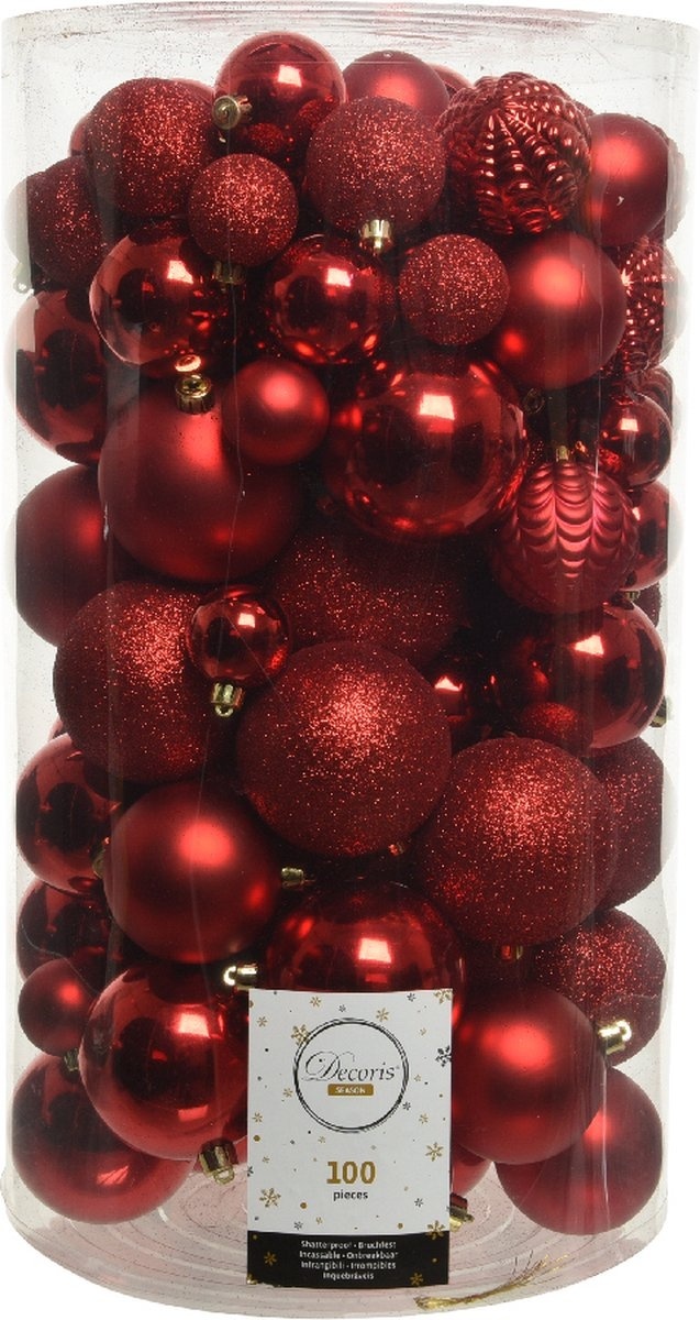 Set de boules de Noël Decoris 100pcs plastique rouge