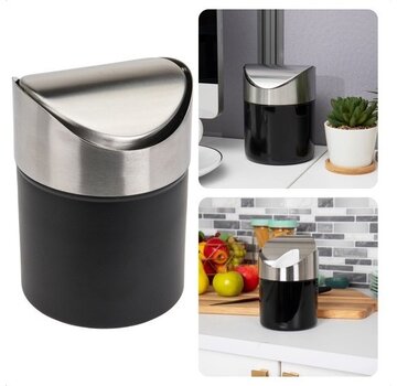 Cheqo Cheqo® Black Small Waste Bin - Poubelle - acier inoxydable -Ø11,5cm x h16cm - 1L - Poubelle de comptoir - Gain de place - Table, bureau, comptoir