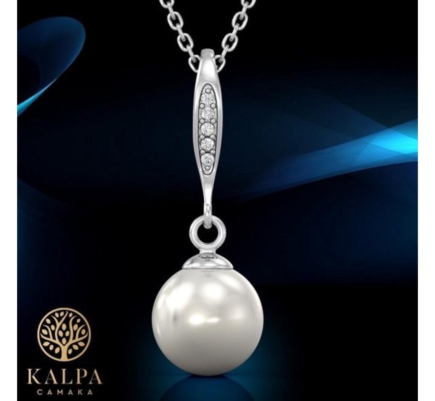 Collier pour femme Yolora avec pendentif en perle Kalpa Camaka et cristal - couleur argent - plaqué or blanc 18K - emballage cadeau