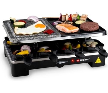 Alpina Grill de table électrique - Alpina - Set gourmet plancha et gril en pierre - 8 poêles - 8 spatules -  Raclette pour 8 personnes avec 2 niveaux - Revêtement antiadhésif - 3-en-1 poêles, plaque à pâtisserie et grill en pierre -1200-1400 watts - Thermostat