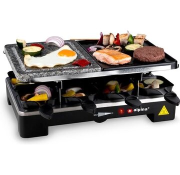 Alpina Grill de table électrique - Alpina - Set gourmet plancha et gril en pierre - 8 poêles - 8 spatules -  Raclette pour 8 personnes avec 2 niveaux - Revêtement antiadhésif - 3-en-1 poêles, plaque à pâtisserie et grill en pierre -1200-1400 watts - Thermostat