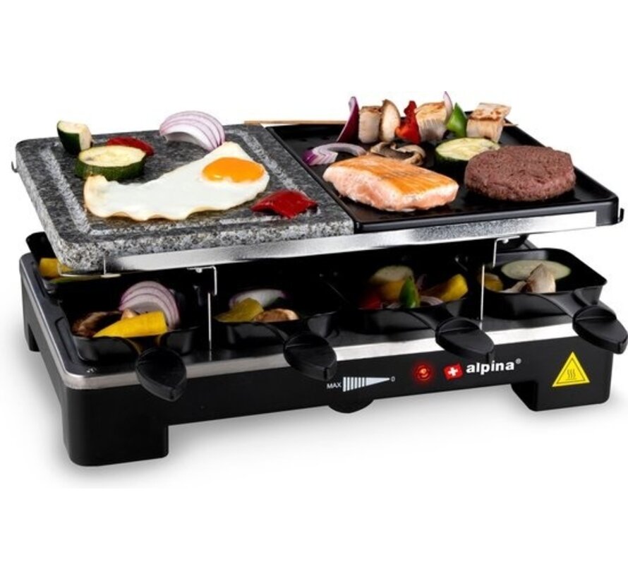 Grill de table électrique - Alpina - Set gourmet plancha et gril en pierre - 8 poêles - 8 spatules -  Raclette pour 8 personnes avec 2 niveaux - Revêtement antiadhésif - 3-en-1 poêles, plaque à pâtisserie et grill en pierre -1200-1400 watts - Thermostat