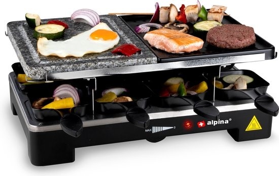 Grill de table électrique - Alpina - Set gourmet plancha et gril en pierre - 8 poêles - 8 spatules - Raclette pour 8 personnes avec 2 niveaux - Revêtement antiadhésif - 3-en-1 poêles, plaque à pâtisserie et grill en pierre -1200-1400 watts - Thermostat
