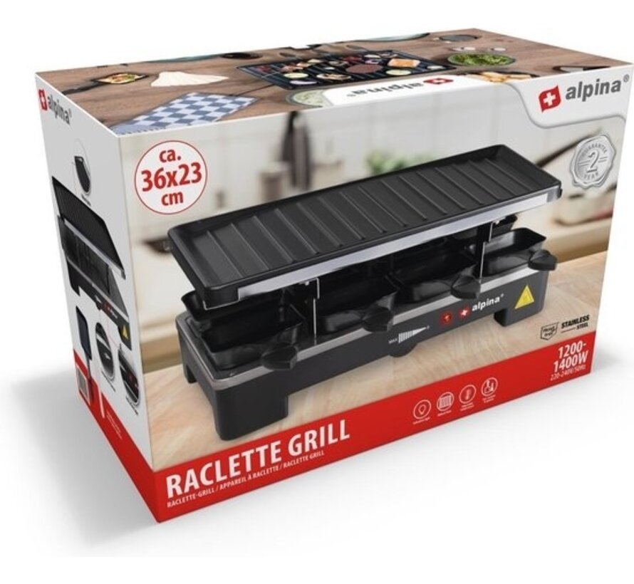 Grill de table électrique - Alpina - Set gourmet plancha et gril en pierre - 8 poêles - 8 spatules -  Raclette pour 8 personnes avec 2 niveaux - Revêtement antiadhésif - 3-en-1 poêles, plaque à pâtisserie et grill en pierre -1200-1400 watts - Thermostat