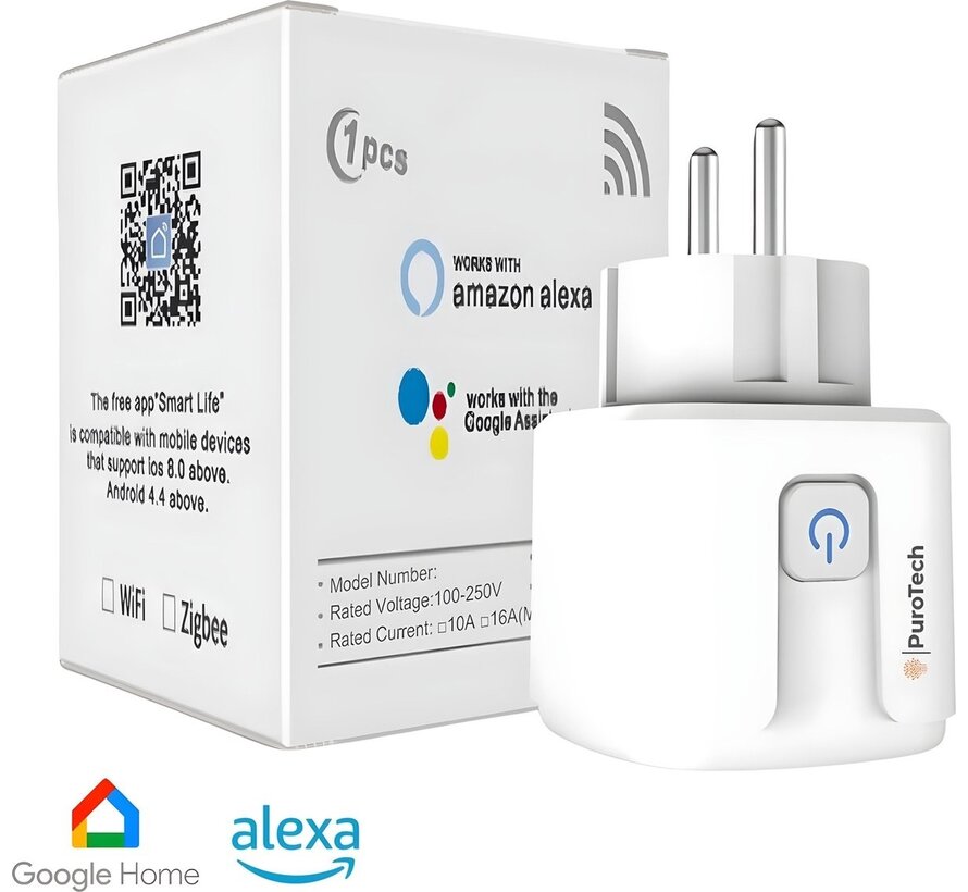 PuroTech Smart Plug - Timer & Energy Meter - Smart Plug - Convient à Alexa / Google Home - Compteur de consommation - Coûts énergétiques