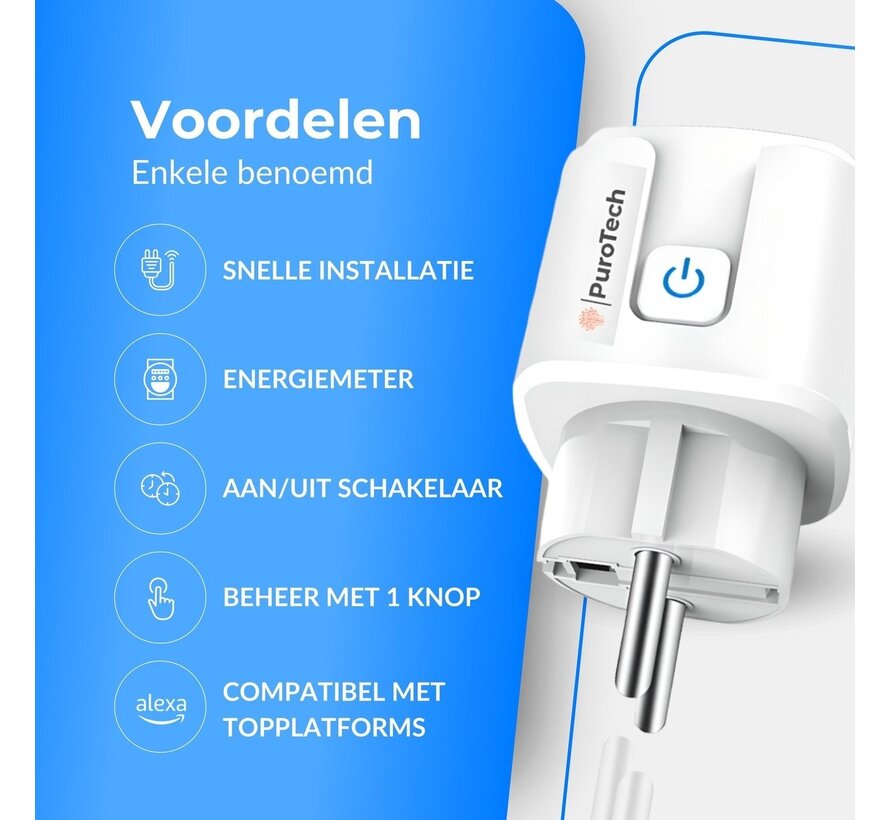 PuroTech Smart Plug - Timer & Energy Meter - Smart Plug - Convient à Alexa / Google Home - Compteur de consommation - Coûts énergétiques