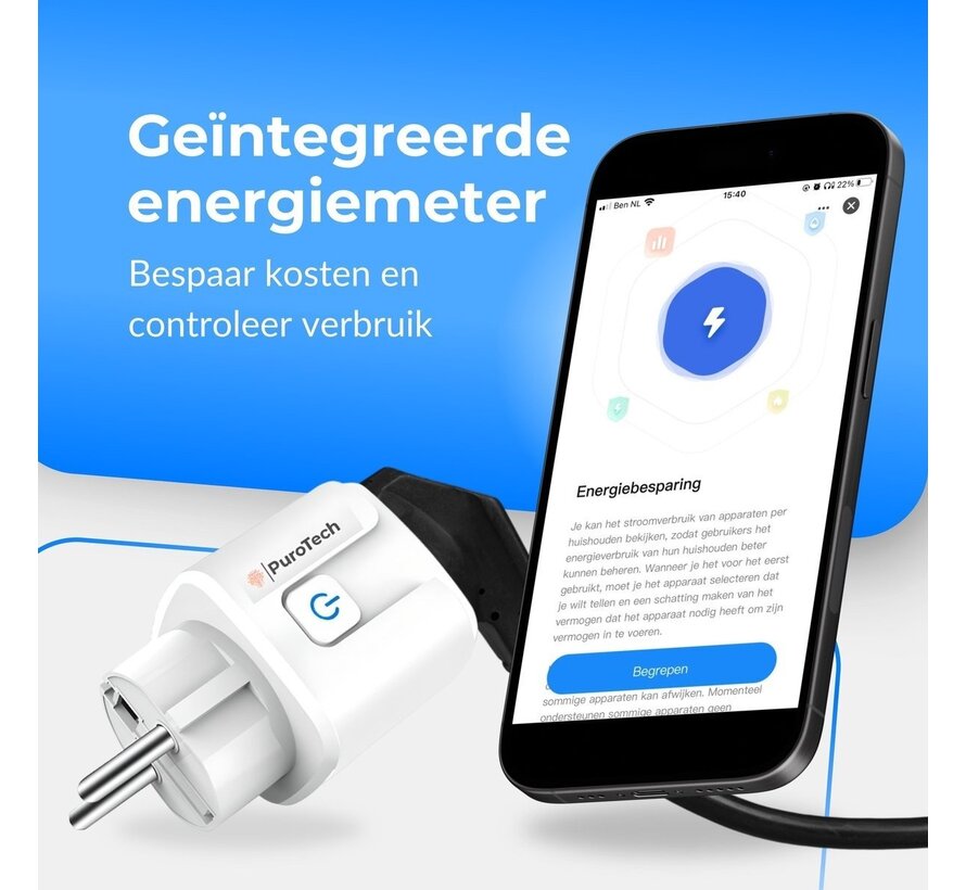 PuroTech Smart Plug - Timer & Energy Meter - Smart Plug - Convient à Alexa / Google Home - Compteur de consommation - Coûts énergétiques