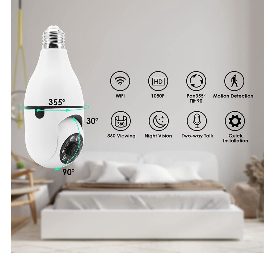 PuroTech Caméra de sécurité - Caméra IP - Adaptation épaisse E27 - Caméra espion - Audio 2 voies - Détection des mouvements et des sons - Vision nocturne - Sans fil - Caméra pour animaux de compagnie - Stockage dans le nuage et l'application - Caméra pour