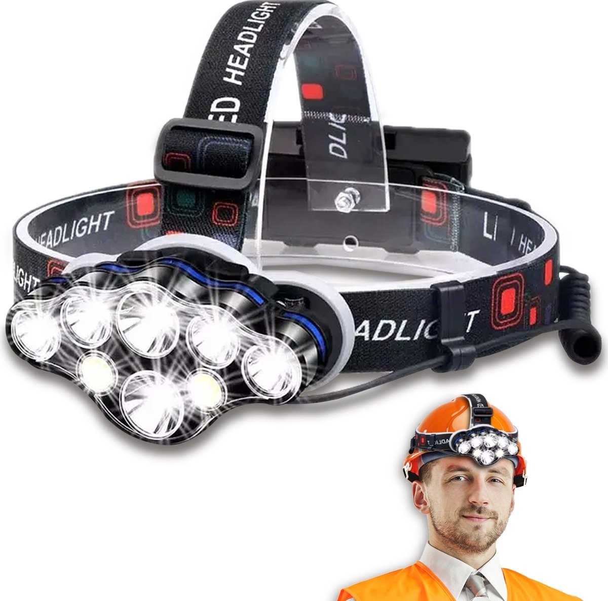 PuroTech - Lampe frontale militaire - Lampe frontale LED rechargeable - Extra puissante - Lampe frontale - Lampe frontale 8 LED - 18000 lumens - Portée de 600 mètres - Réglable - Torche militaire